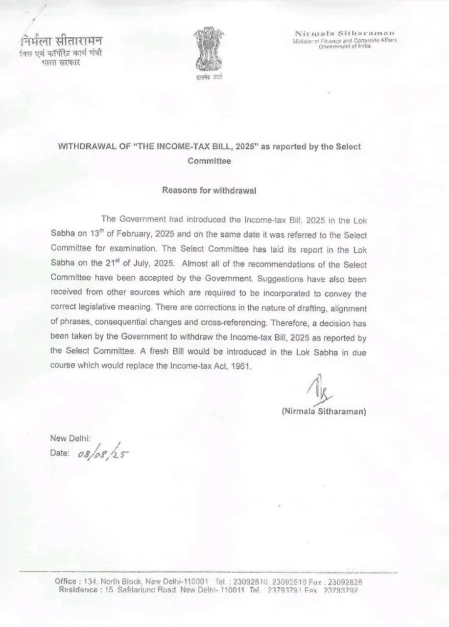 Income-tax Bill, 2025 Withdrawn