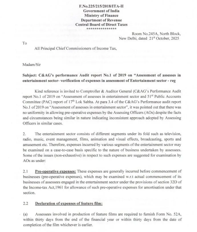 CBDT Standardizes Expense Rules for Entertainment Sector After CAG Audit 6 CBDT Standardizes Expense Rules for Entertainment Sector After CAG Audit
