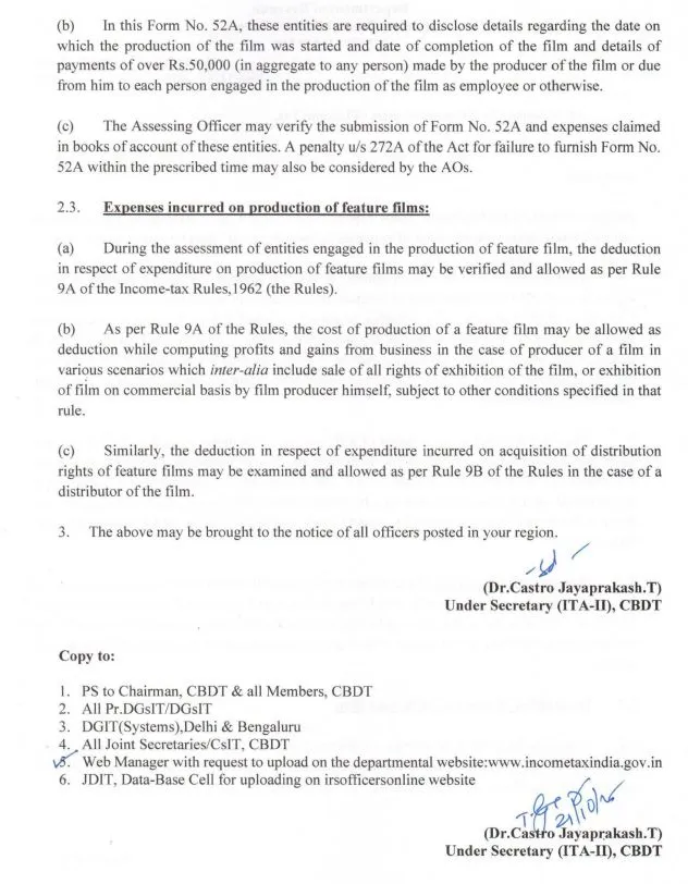 CBDT Standardizes Expense Rules for Entertainment Sector After CAG Audit 7 Notification: CBDT Circular F.No.225/215/2018/ITA-II