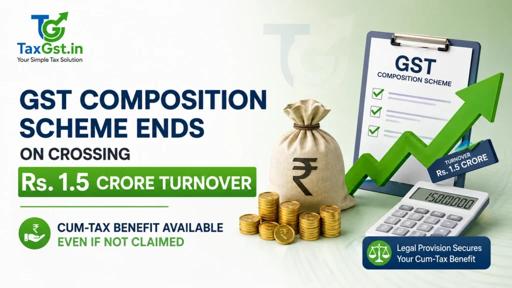 GST Composition Scheme Ends on Crossing Rs. 1.5 Crore Turnover, Cum-Tax Benefit Available Even If Not Claimed 1 GST Composition Scheme Ends on Crossing Rs. 1.5 Crore Turnover