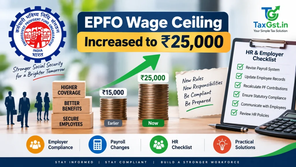 EPFO Wage Ceiling Increased to ₹25,000: Employer Compliance, Payroll Changes, HR Checklist & Solutions 1 EPFO Wage Ceiling Increased to ₹25,000