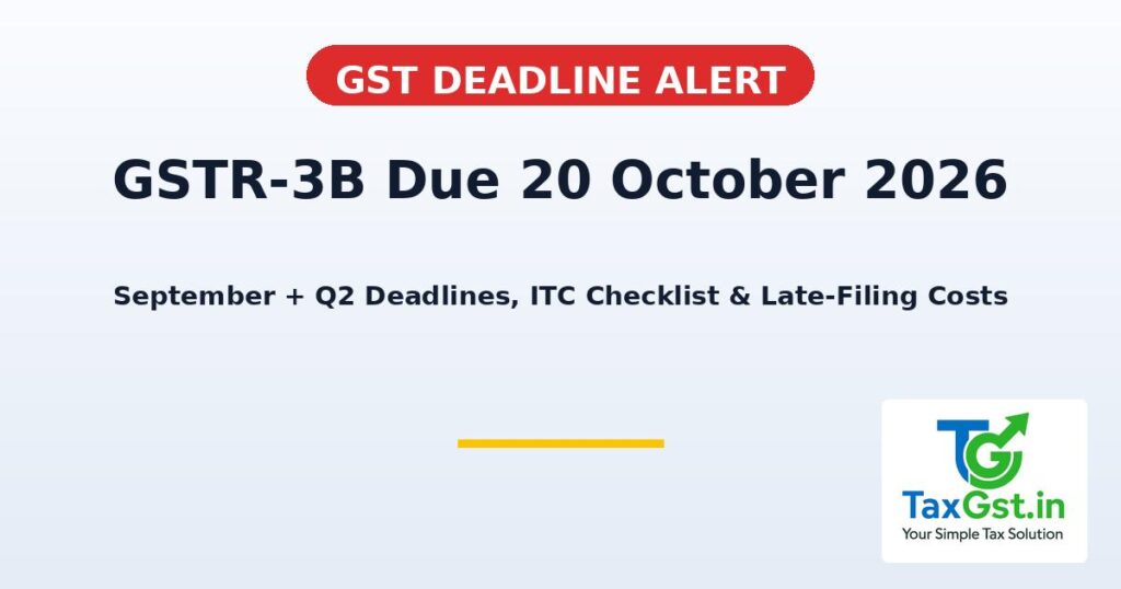 GSTR-3B Due 20 October 2026: September + Q2 Deadlines, ITC Checklist & Late-Filing Risks 1 GSTR-3B Due 20 October 2026: September + Q2 Deadlines, ITC Checklist & Late-Filing Risks