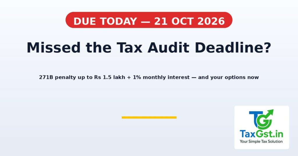 Tax Audit Deadline Is Today, 21 October 2026: Missed It? Section 271B Penalty, 234A Interest & What to Do Next 1 Tax Audit Deadline Is Today, 21 October 2026: Missed It? Section 271B Penalty, 234A Interest & What to Do Next