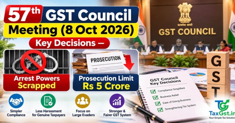 57th GST Council Meeting (8 Oct 2026): Key Decisions — Arrest Powers Scrapped, Prosecution Limit Rs 5 Cr